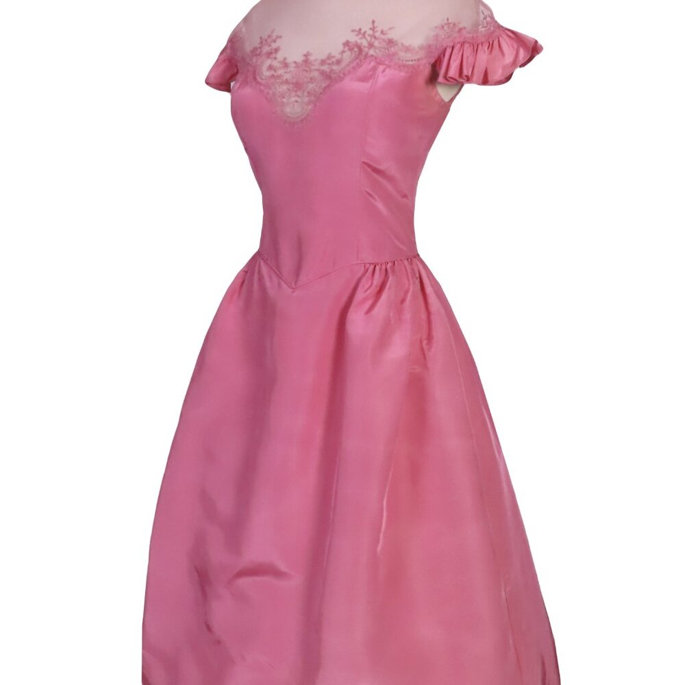 Vintage 70s 80s Pink Ruffle Sleeve Neck Taffeta Prom Gown Party Prom Dress S M - Picture 5 of 14